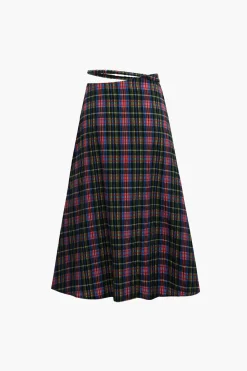 MICAS Skirts-Plaid Cut Out Waist Midi Skirt BRICK