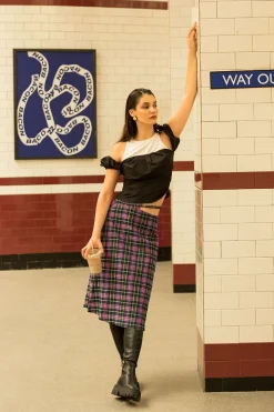 MICAS Skirts-Plaid Cut Out Waist Midi Skirt BRICK