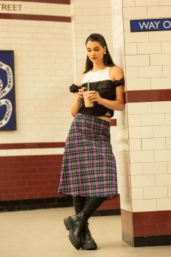 MICAS Skirts-Plaid Cut Out Waist Midi Skirt BRICK