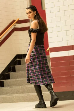 MICAS Skirts-Plaid Cut Out Waist Midi Skirt BRICK