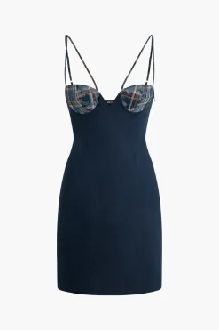MICAS Mini Dresses-Plaid Detail Bustier Slip Mini Dress DARK BLUE