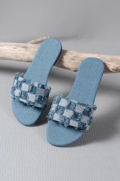 MICAS Shoes|Shoes-Plaid Frayed Denim Slippers BLUE