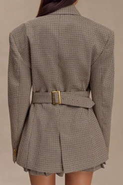 MICAS Outerwear|Blazers-Plaid Print Notched Lapel Button Belted Blazer MOCHA