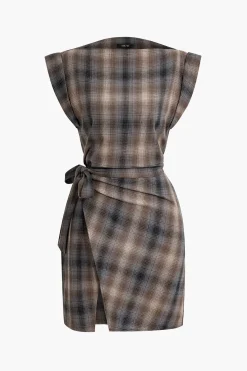 MICAS Mini Dresses-Plaid Print Tie Front Slit Asymmetrical Mini Dress BROWN