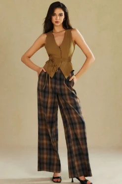 MICAS Pants-Plaid Print Wide Leg Trousers BROWN