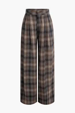 MICAS Pants-Plaid Print Wide Leg Trousers BROWN