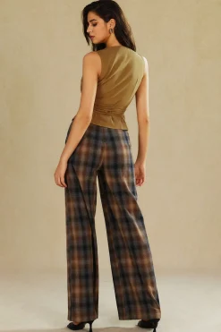 MICAS Pants-Plaid Print Wide Leg Trousers BROWN