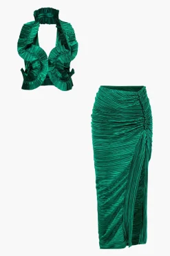 MICAS Skirt Sets|Vacation Sets-Pleated Halter Backless Top And Split Midi Skirt Set