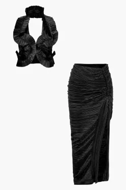 MICAS Skirt Sets|Vacation Sets-Pleated Halter Backless Top And Split Midi Skirt Set