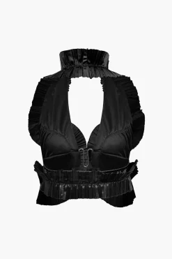 MICAS Skirt Sets|Vacation Sets-Pleated Halter Backless Top And Split Midi Skirt Set