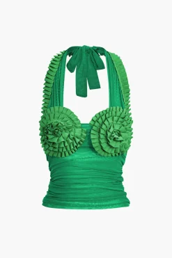 MICAS Tank Tops & Cami-Pleated Mesh Halter Tank Top