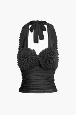 MICAS Tank Tops & Cami-Pleated Mesh Halter Tank Top