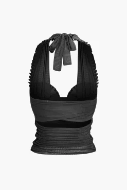 MICAS Tank Tops & Cami-Pleated Mesh Halter Tank Top