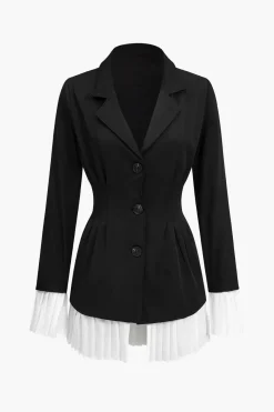 MICAS Long Sleeve Dresses|Mini Dresses-Pleated Patchwork Long Sleeve V-Neck Mini Dress BLACK