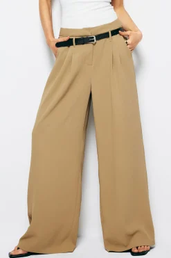 MICAS Pants-Pleated Wide Leg Pants With Belt KHAKI