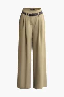 MICAS Pants-Pleated Wide Leg Pants With Belt KHAKI