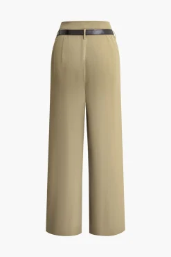 MICAS Pants-Pleated Wide Leg Pants With Belt KHAKI