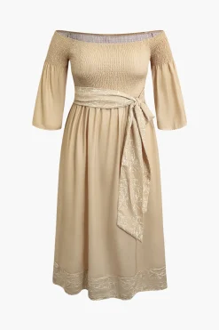 MICAS Long Sleeve Dresses-Plus Size Off Shoulder Smocked Maxi Dress With Belt KHAKI