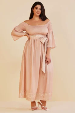 MICAS Long Sleeve Dresses-Plus Size Off Shoulder Smocked Maxi Dress With Belt KHAKI