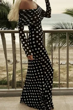 MICAS Long Sleeve Dresses|Maxi Dresses-Polka Dot Print Off Shoulder Maxi Dress BLACK