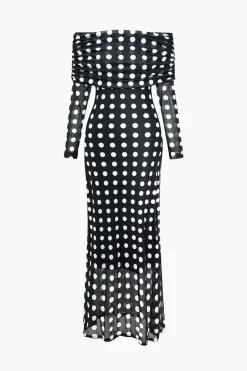 MICAS Long Sleeve Dresses|Maxi Dresses-Polka Dot Print Off Shoulder Maxi Dress BLACK