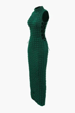 MICAS Maxi Dresses-Popcorn Textured Tie Side Sleeveless Maxi Dress DARK GREEN