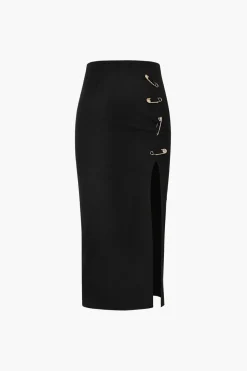 MICAS Skirts-Pothook Detail Slit Midi Skirt BLACK