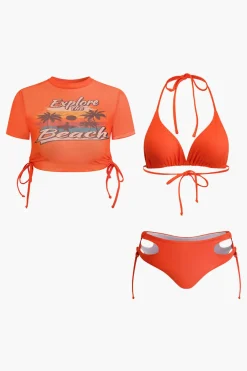MICAS Swimwear|Vacation Sets-Print T-shirt And Tie Halter Bikini Set