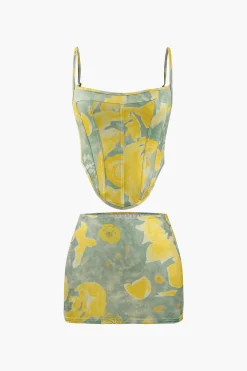 MICAS Skirt Sets|Vacation Sets-Printed Corset Cami Top And Mini Skirt Set YELLOW