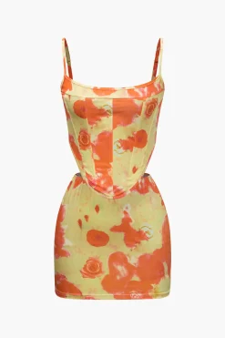 MICAS Skirt Sets|Vacation Sets-Printed Corset Cami Top And Mini Skirt Set YELLOW