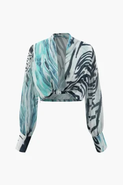 MICAS Skirt Sets|Vacation Sets-Printed Lantern Sleeve Twist Hem Shirt And Asymmetric Fringe Skirt Set BLUE