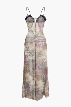 MICAS Maxi Dresses-Printed Ruffle Cut Out Mesh Slit Slip Maxi Dress