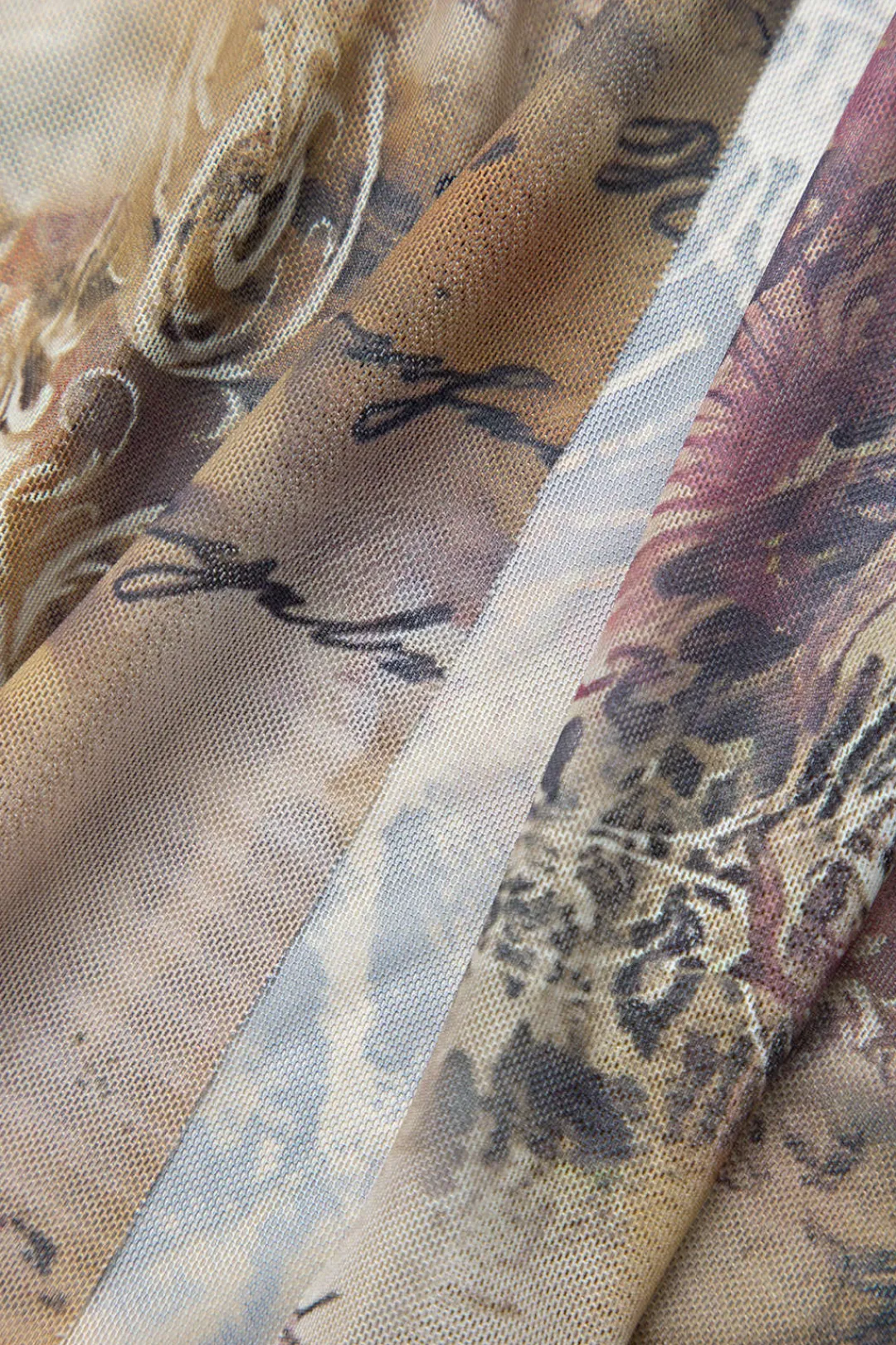 MICAS Maxi Dresses-Printed Ruffle Cut Out Mesh Slit Slip Maxi Dress