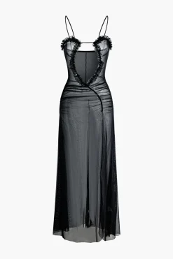 MICAS Maxi Dresses-Printed Ruffle Cut Out Mesh Slit Slip Maxi Dress