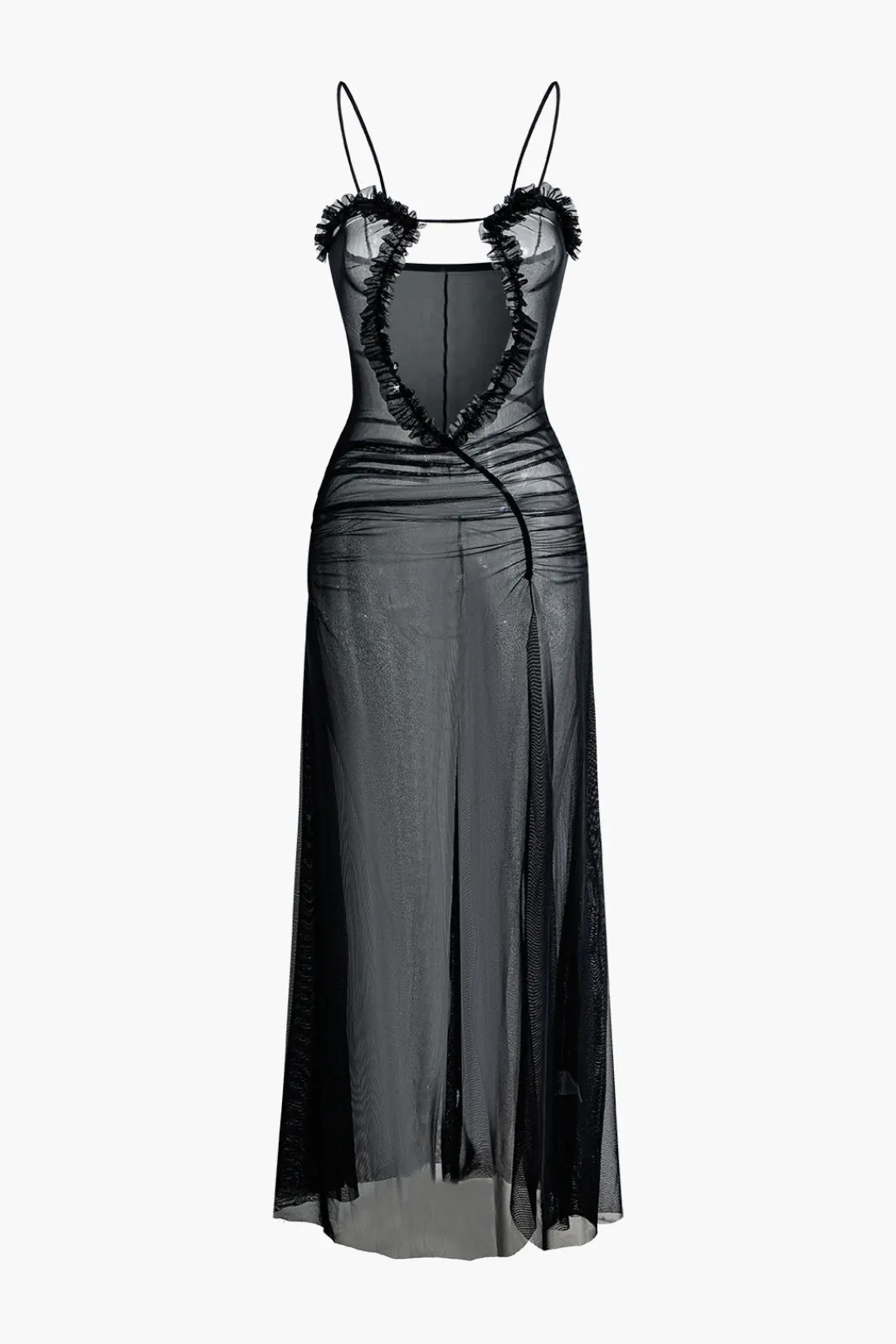 MICAS Maxi Dresses-Printed Ruffle Cut Out Mesh Slit Slip Maxi Dress