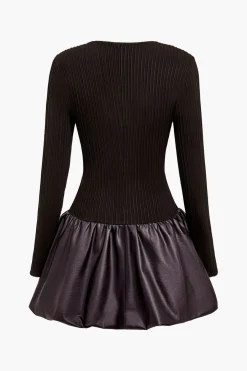 MICAS Long Sleeve Dresses|Mini Dresses-PU Patchwork Ruched Square Neck Mini Dress