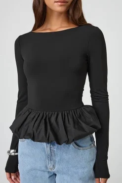 MICAS Long Sleeve Tops|Long Sleeves Tops-Puff Hem Long-Sleeve Top BLACK