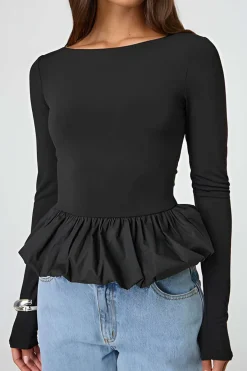 MICAS Long Sleeve Tops|Long Sleeves Tops-Puff Hem Long-Sleeve Top BLACK