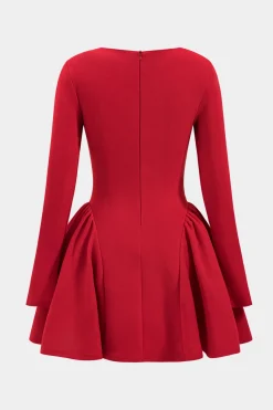MICAS Long Sleeve Dresses|Mini Dresses-Puff Hem Zipper Long Sleeve Mini Dress RED