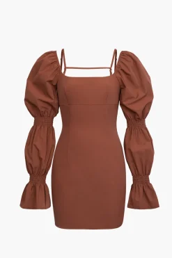 MICAS Long Sleeve Dresses|Mini Dresses-Puff Sleeve Square Neck Mini Dress CARAMEL