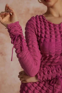 MICAS Mini Dresses|Long Sleeve Dresses-Puff Texture Long Sleeve Mini Dress DEEP PINK