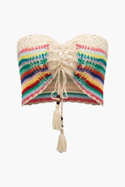 MICAS Knitwear|Vacation Sets-Rainbow Crochet Tie Front Tube Top And Shorts Set BEIGE