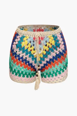 MICAS Knitwear|Vacation Sets-Rainbow Crochet Tie Front Tube Top And Shorts Set BEIGE