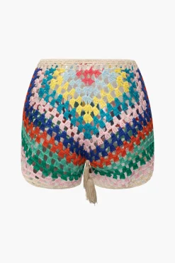 MICAS Knitwear|Vacation Sets-Rainbow Crochet Tie Front Tube Top And Shorts Set BEIGE