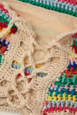 MICAS Knitwear|Vacation Sets-Rainbow Crochet Tie Front Tube Top And Shorts Set BEIGE