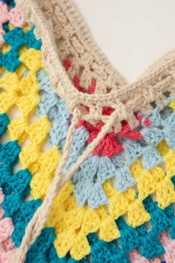 MICAS Knitwear|Vacation Sets-Rainbow Crochet Tie Front Tube Top And Shorts Set BEIGE