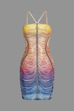 MICAS Mini Dresses-Rainbow Striped Rhinestone Bodycon Mini Dress