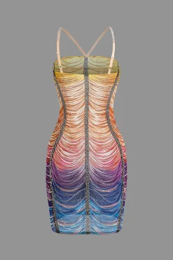 MICAS Mini Dresses-Rainbow Striped Rhinestone Bodycon Mini Dress