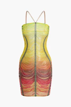 MICAS Mini Dresses-Rainbow Striped Rhinestone Bodycon Mini Dress