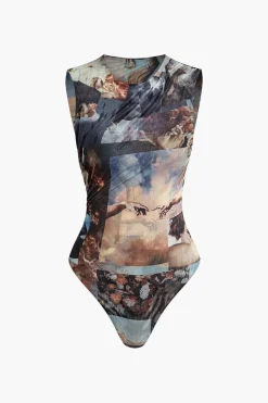 MICAS Bodysuits-Renaissance Print Sleeveless Mesh Bodysuit MULTICOLOR